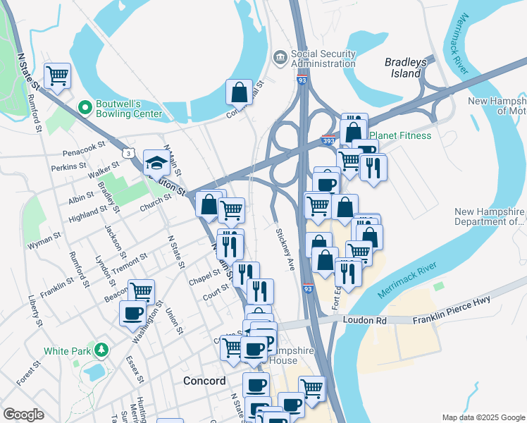 map of restaurants, bars, coffee shops, grocery stores, and more near 8 Herbert Street in Concord