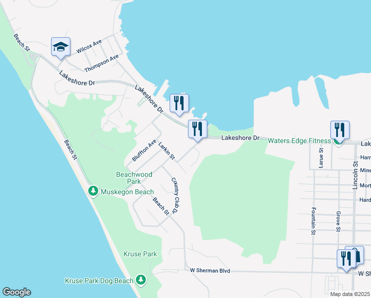map of restaurants, bars, coffee shops, grocery stores, and more near 2191 Cottage Grove Street in Muskegon