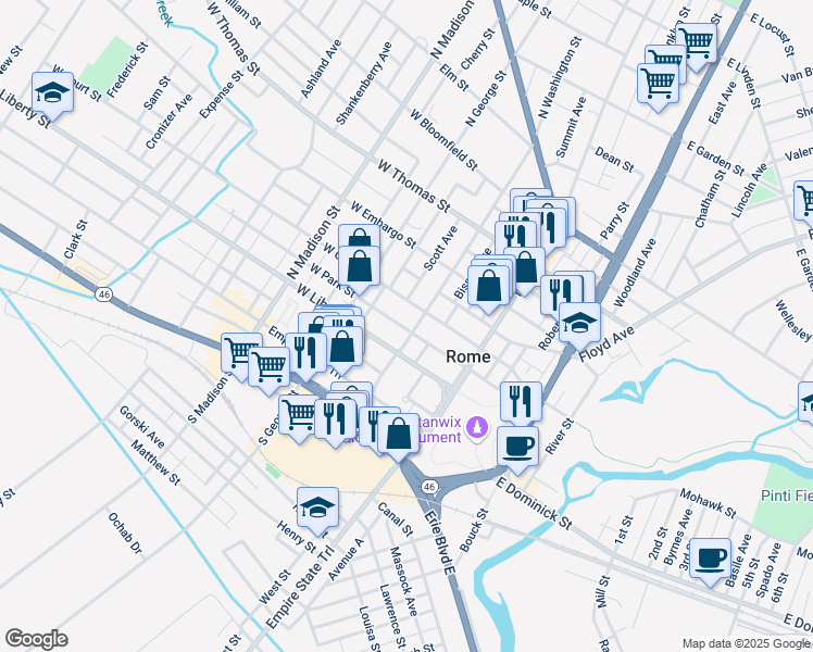 map of restaurants, bars, coffee shops, grocery stores, and more near 216 North Washington Street in Rome
