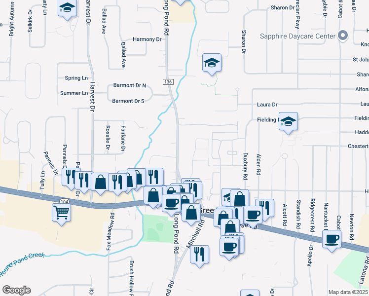 map of restaurants, bars, coffee shops, grocery stores, and more near 1206 Long Pond Road in Rochester