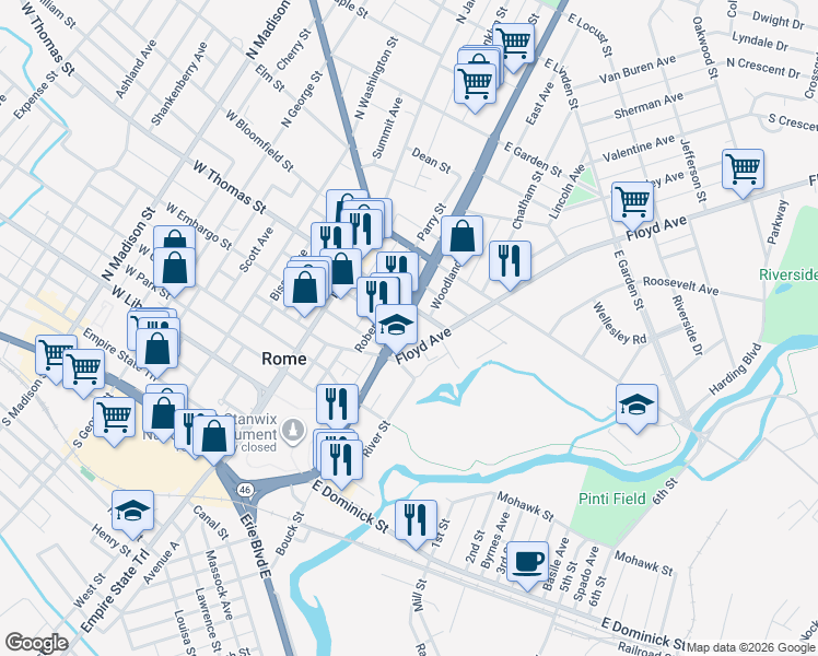 map of restaurants, bars, coffee shops, grocery stores, and more near 403 Black River Boulevard North in Rome