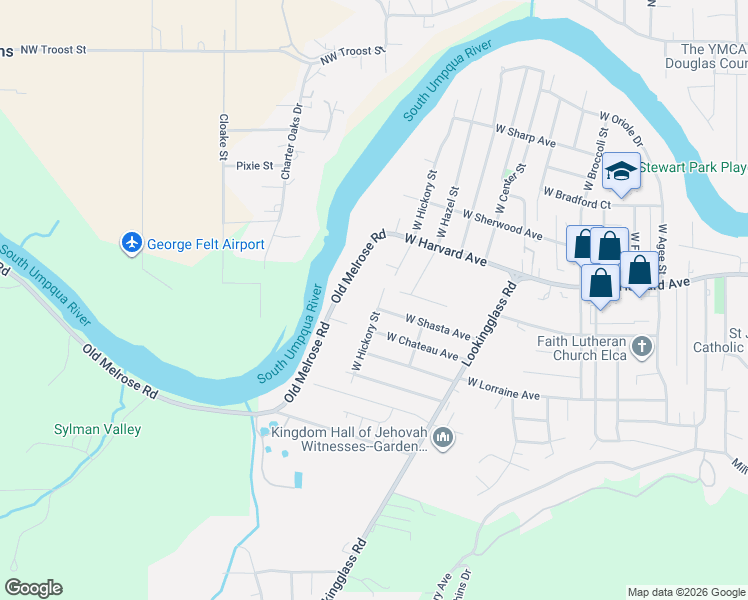 map of restaurants, bars, coffee shops, grocery stores, and more near 760 West Hickory Street in Roseburg