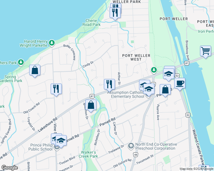 map of restaurants, bars, coffee shops, grocery stores, and more near 269 Lakeshore Road in St. Catharines
