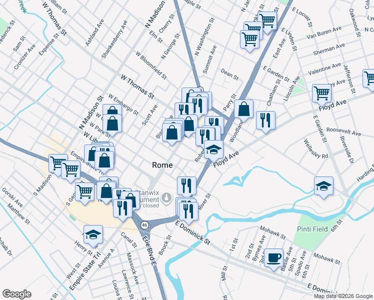 map of restaurants, bars, coffee shops, grocery stores, and more near 124 East Embargo Street in Rome