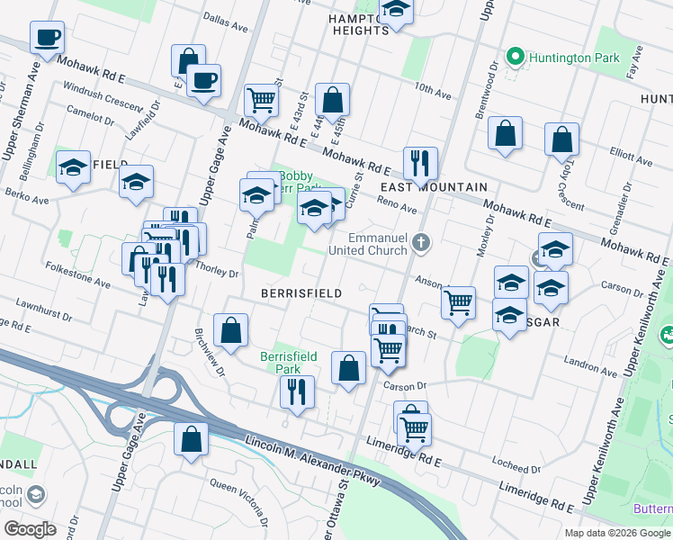 map of restaurants, bars, coffee shops, grocery stores, and more near 14 Sycamore Street in Hamilton