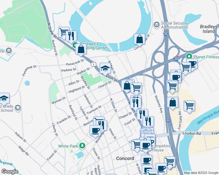 map of restaurants, bars, coffee shops, grocery stores, and more near 131 North State Street in Concord