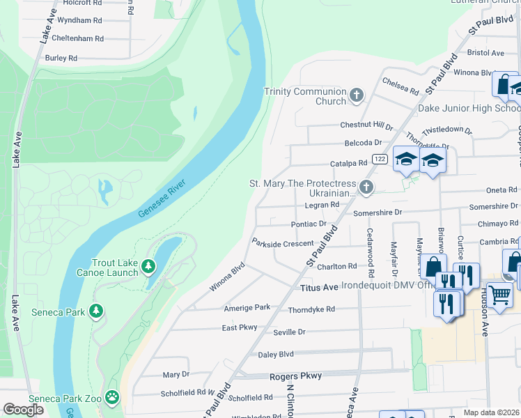 map of restaurants, bars, coffee shops, grocery stores, and more near 518 Winona Boulevard in Rochester