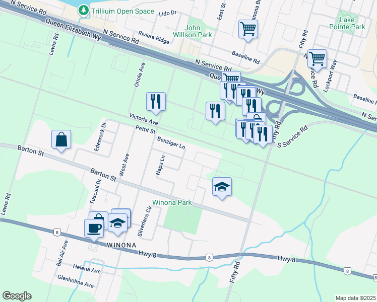 map of restaurants, bars, coffee shops, grocery stores, and more near 84 Benziger Lane in Hamilton
