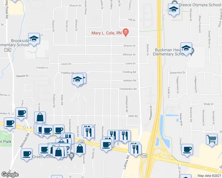 map of restaurants, bars, coffee shops, grocery stores, and more near 298 Cabot Road in Rochester