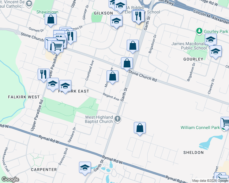 map of restaurants, bars, coffee shops, grocery stores, and more near 30 Regent Avenue in Hamilton