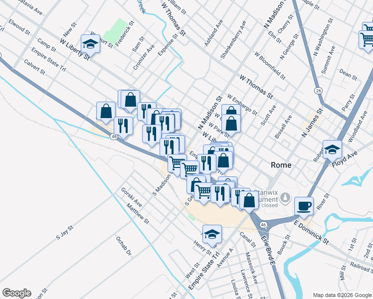 map of restaurants, bars, coffee shops, grocery stores, and more near 399 W Dominick St in Rome