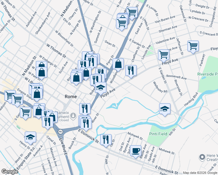 map of restaurants, bars, coffee shops, grocery stores, and more near 419 Floyd Avenue in Rome