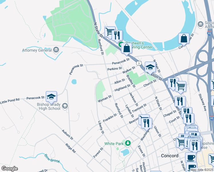 map of restaurants, bars, coffee shops, grocery stores, and more near 155 Rumford Street in Concord