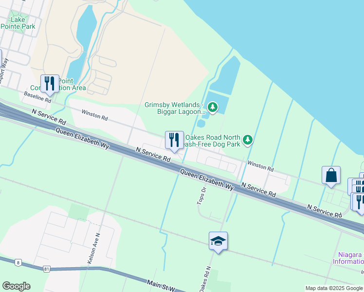 map of restaurants, bars, coffee shops, grocery stores, and more near 653 Winston Road in Grimsby