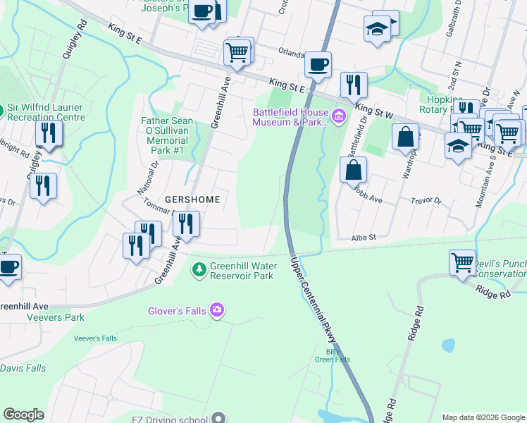 map of restaurants, bars, coffee shops, grocery stores, and more near 70 Webster Road in Hamilton