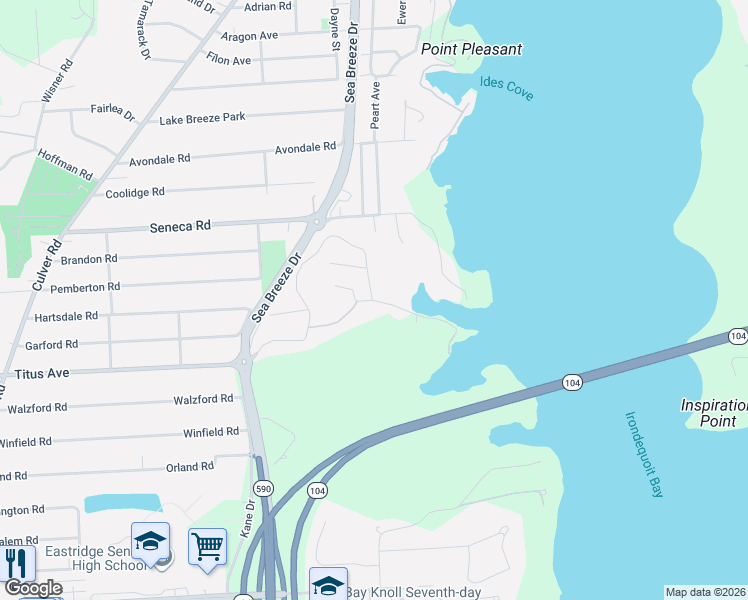 map of restaurants, bars, coffee shops, grocery stores, and more near 131 Shore Drive in Rochester