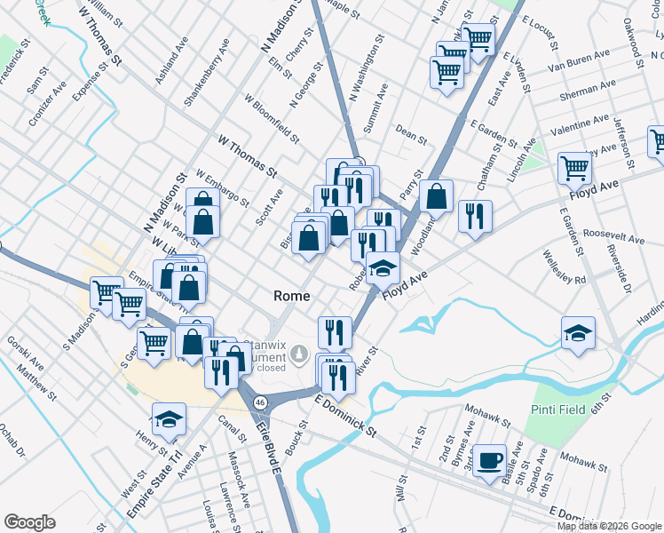 map of restaurants, bars, coffee shops, grocery stores, and more near 101-105 Stanwix St in Rome