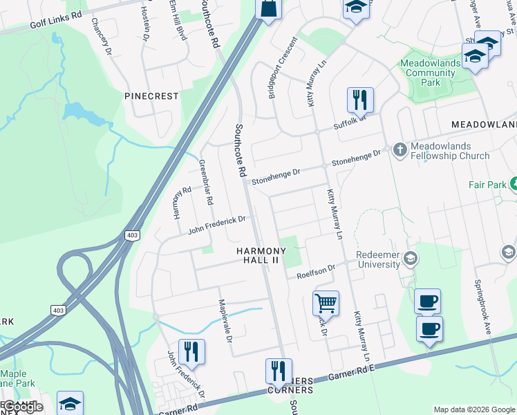 map of restaurants, bars, coffee shops, grocery stores, and more near 107 Moorland Crescent in Hamilton
