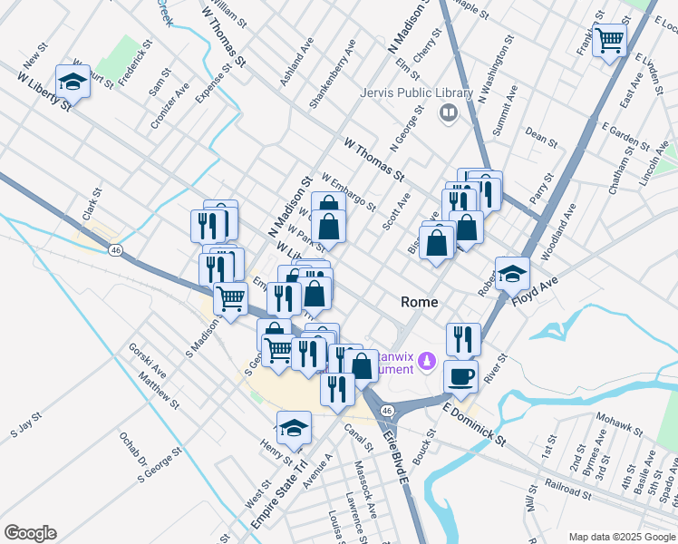 map of restaurants, bars, coffee shops, grocery stores, and more near 214 West Liberty Street in Rome