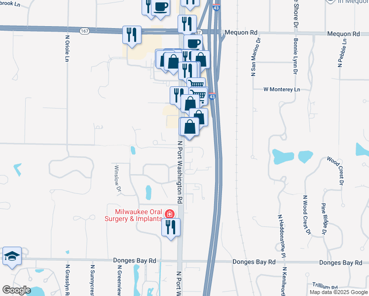 map of restaurants, bars, coffee shops, grocery stores, and more near 1235 Baldwin Court in Mequon