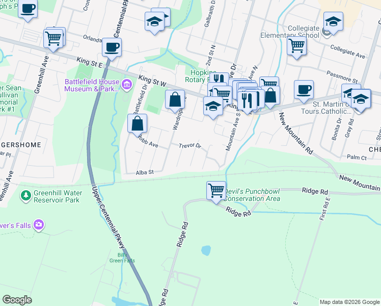 map of restaurants, bars, coffee shops, grocery stores, and more near 10 Roselle Place in Hamilton