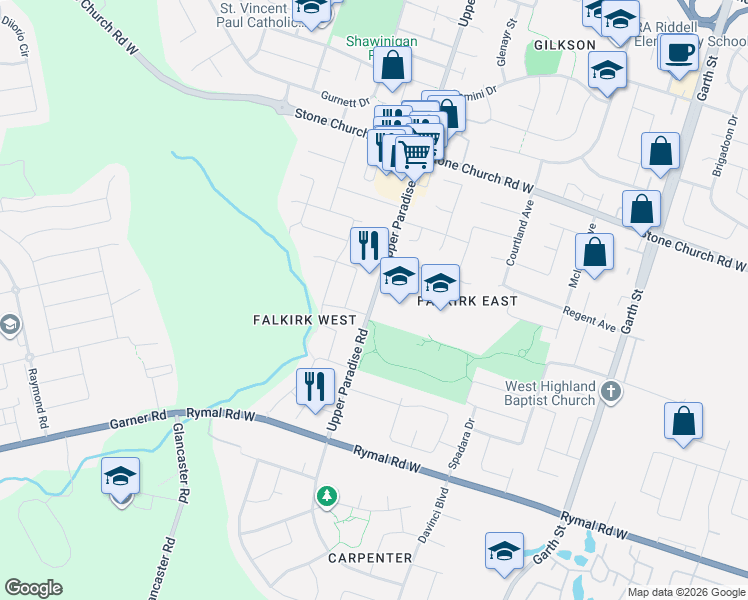 map of restaurants, bars, coffee shops, grocery stores, and more near 1045 Upper Paradise Road in Hamilton