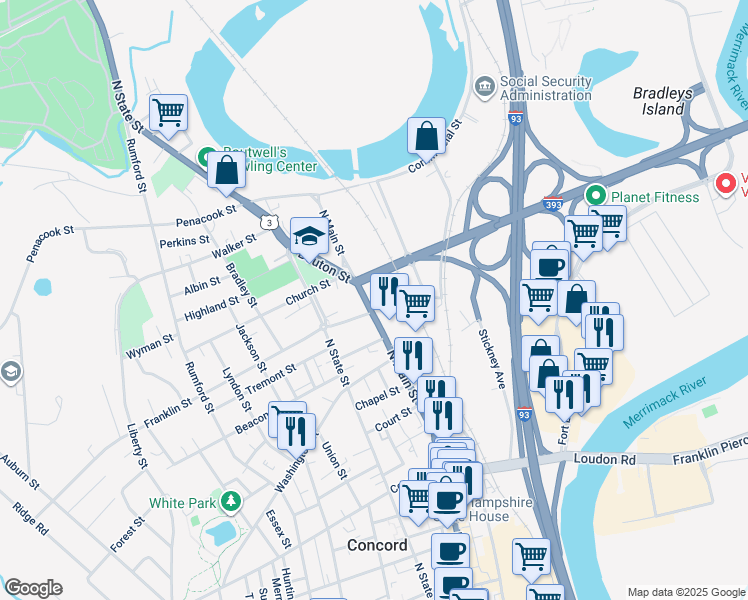 map of restaurants, bars, coffee shops, grocery stores, and more near 238 North Main Street in Concord