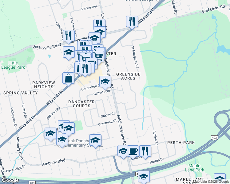 map of restaurants, bars, coffee shops, grocery stores, and more near 188 Fiddlers Green Road in Hamilton
