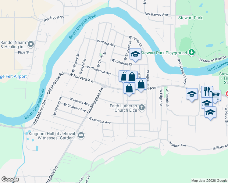 map of restaurants, bars, coffee shops, grocery stores, and more near 2739 West Harvard Avenue in Roseburg
