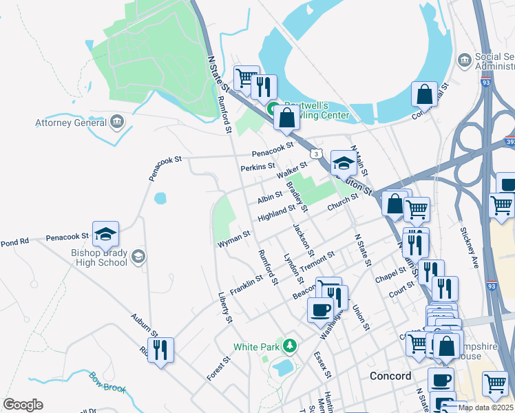 map of restaurants, bars, coffee shops, grocery stores, and more near 160 Rumford Street in Concord