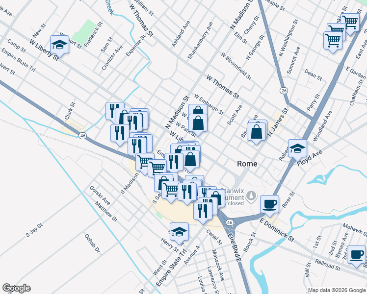 map of restaurants, bars, coffee shops, grocery stores, and more near 300 West Dominick Street in Rome
