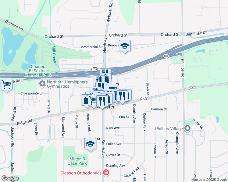 map of restaurants, bars, coffee shops, grocery stores, and more near 32 Kircher Park in Webster