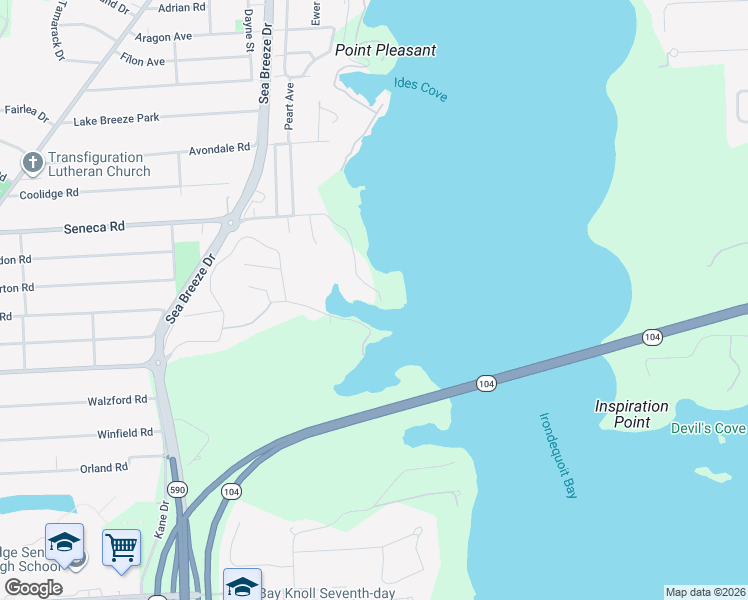 map of restaurants, bars, coffee shops, grocery stores, and more near 241 Shore Drive in Rochester