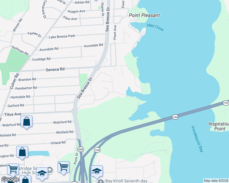 map of restaurants, bars, coffee shops, grocery stores, and more near 131 Shore Drive in Rochester