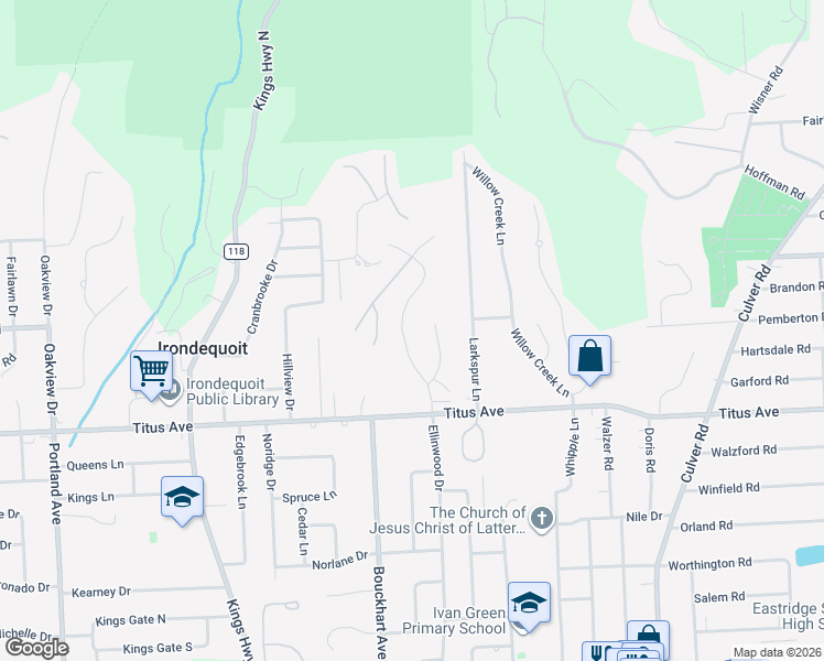 map of restaurants, bars, coffee shops, grocery stores, and more near 155 Brook Trout Lane in Irondequoit