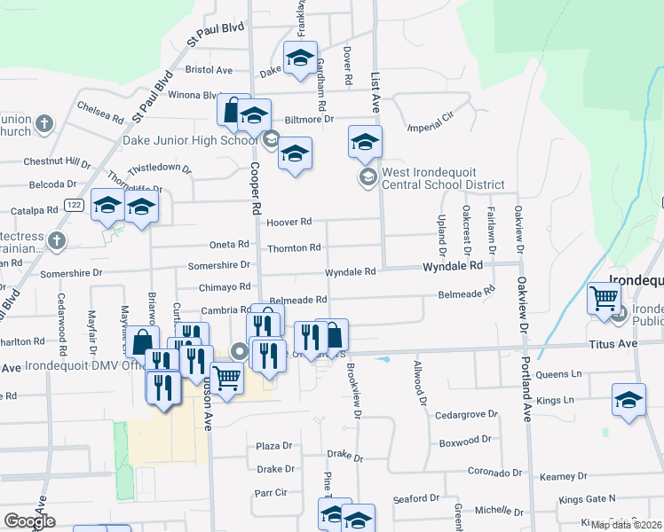 map of restaurants, bars, coffee shops, grocery stores, and more near 123 Wyndale Road in Irondequoit