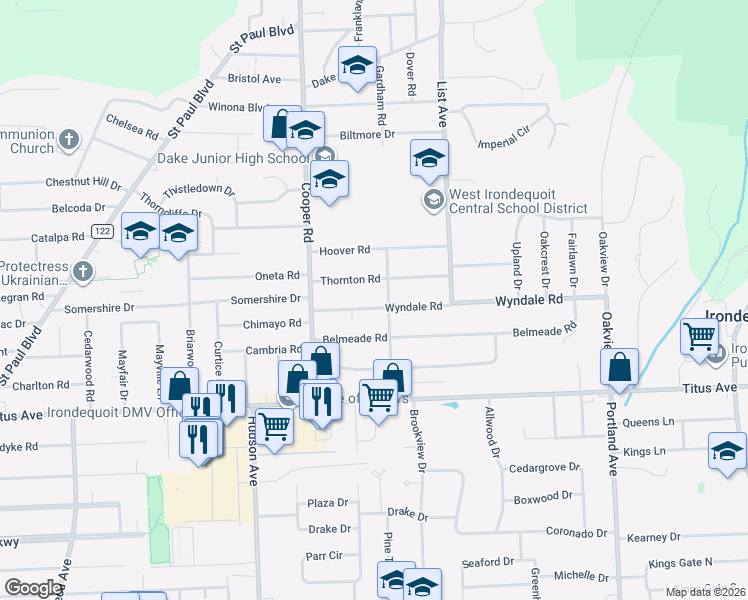 map of restaurants, bars, coffee shops, grocery stores, and more near 123 Wyndale Road in Irondequoit
