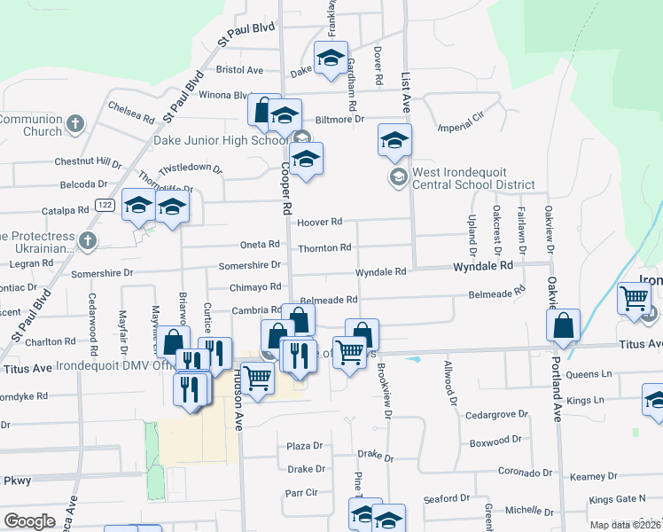 map of restaurants, bars, coffee shops, grocery stores, and more near 67 Wyndale Road in Rochester