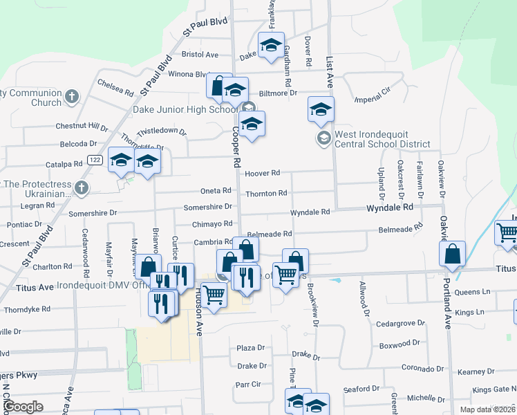 map of restaurants, bars, coffee shops, grocery stores, and more near 67 Wyndale Road in Rochester