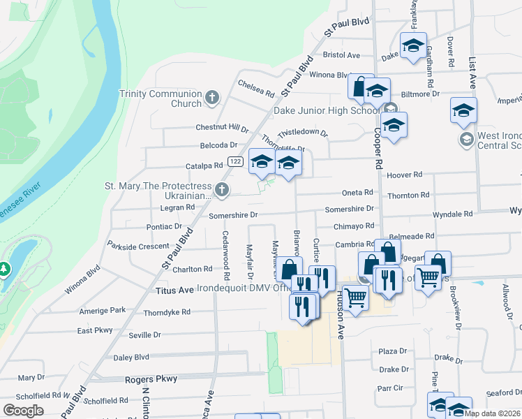 map of restaurants, bars, coffee shops, grocery stores, and more near 137 Somershire Drive in Irondequoit