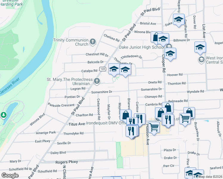 map of restaurants, bars, coffee shops, grocery stores, and more near 137 Somershire Drive in Irondequoit