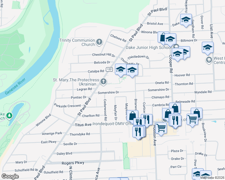 map of restaurants, bars, coffee shops, grocery stores, and more near 87 Somershire Drive in Irondequoit