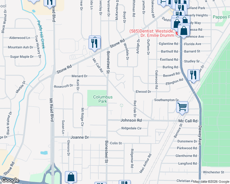 map of restaurants, bars, coffee shops, grocery stores, and more near 455 Mc Call Road in Rochester