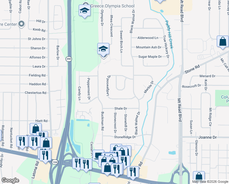 map of restaurants, bars, coffee shops, grocery stores, and more near 96 Ledgewood Drive in Rochester