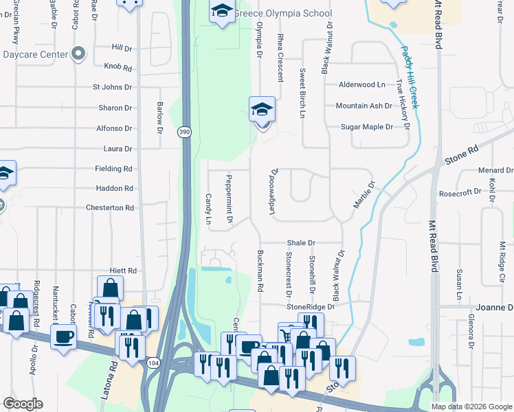 map of restaurants, bars, coffee shops, grocery stores, and more near 143 Ledgewood Drive in Rochester