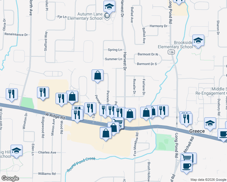 map of restaurants, bars, coffee shops, grocery stores, and more near 152 Pepperidge Drive in Rochester