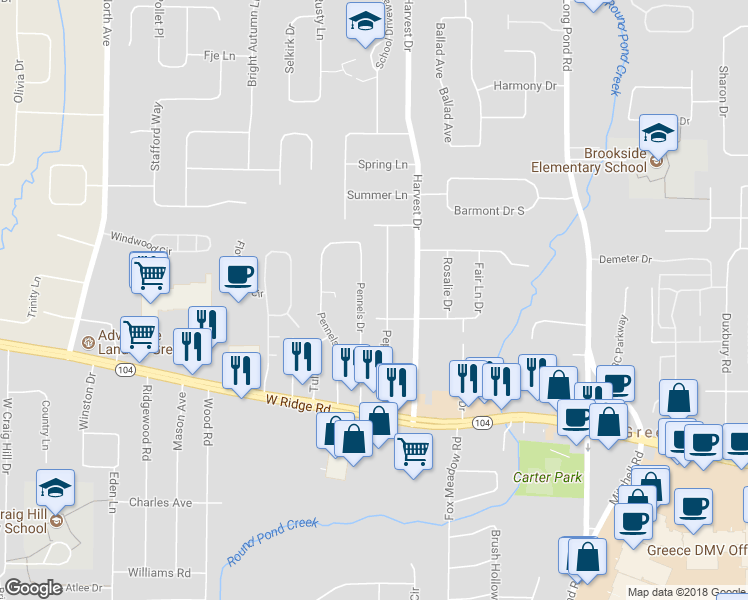 map of restaurants, bars, coffee shops, grocery stores, and more near 152 Pepperidge Drive in Rochester