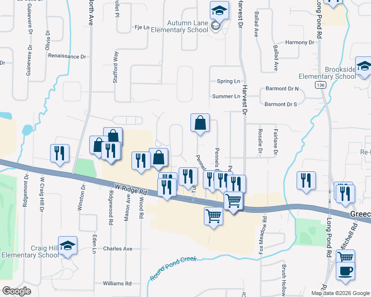 map of restaurants, bars, coffee shops, grocery stores, and more near 50 Flower Dale Drive in Rochester