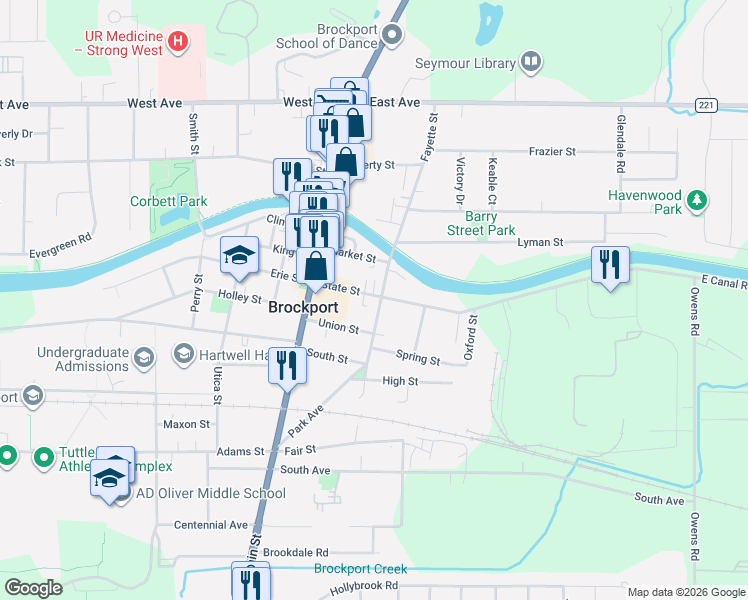 map of restaurants, bars, coffee shops, grocery stores, and more near 47 Park Avenue in Brockport