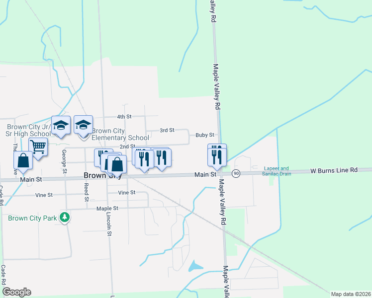 map of restaurants, bars, coffee shops, grocery stores, and more near 4073 2nd Street in Brown City